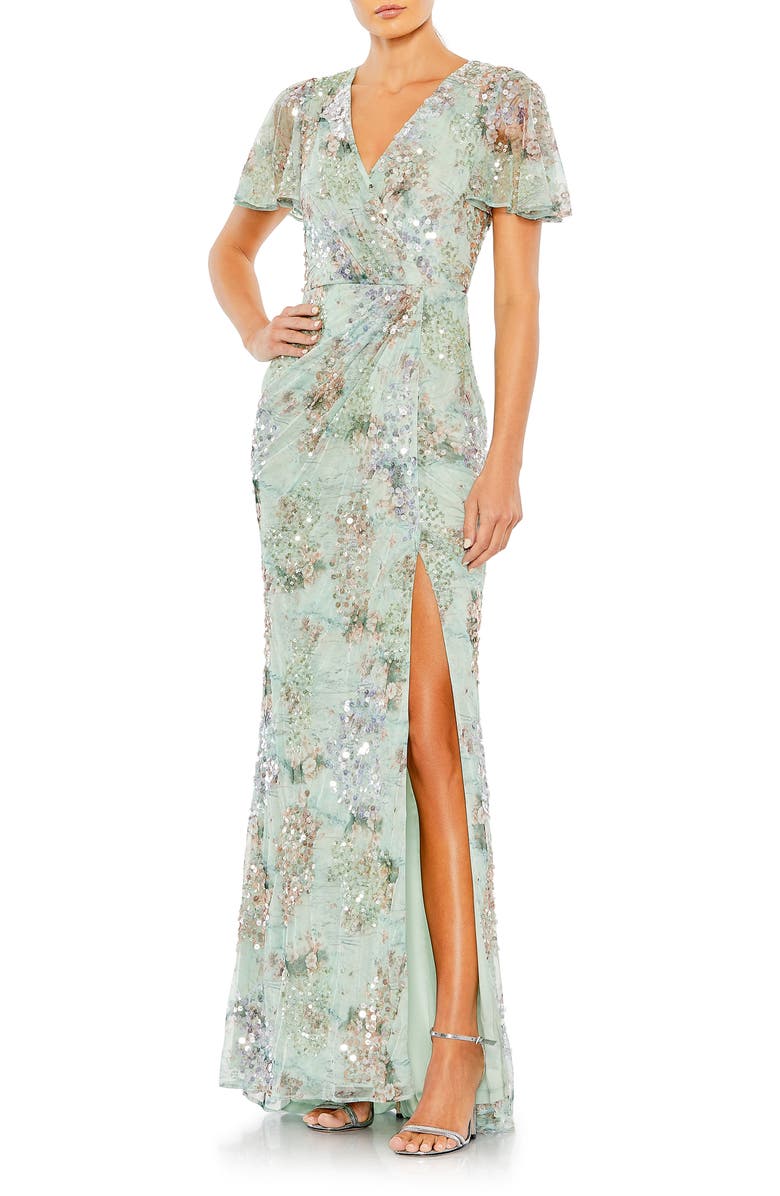 Mac Duggal Embellished Butterfly Sleeve Faux Wrap Gown, Main, color, Seamist