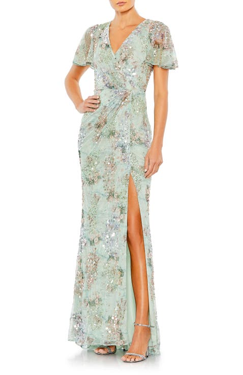 Embellished Butterfly Sleeve Faux Wrap Gown