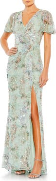 Mac Duggal Embellished Butterfly Sleeve Faux Wrap Gown