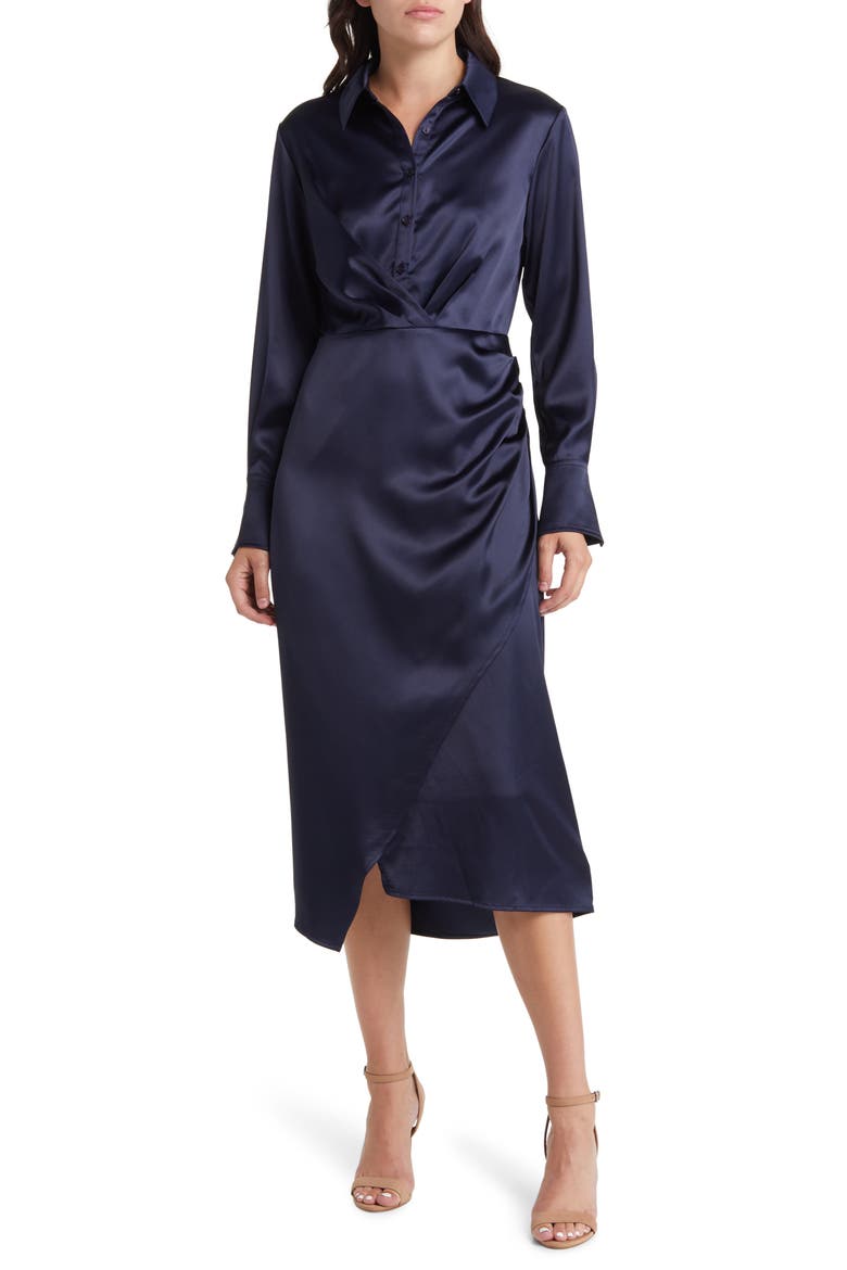 Long Sleeve Satin Shirtdress, Main, color, NAVY