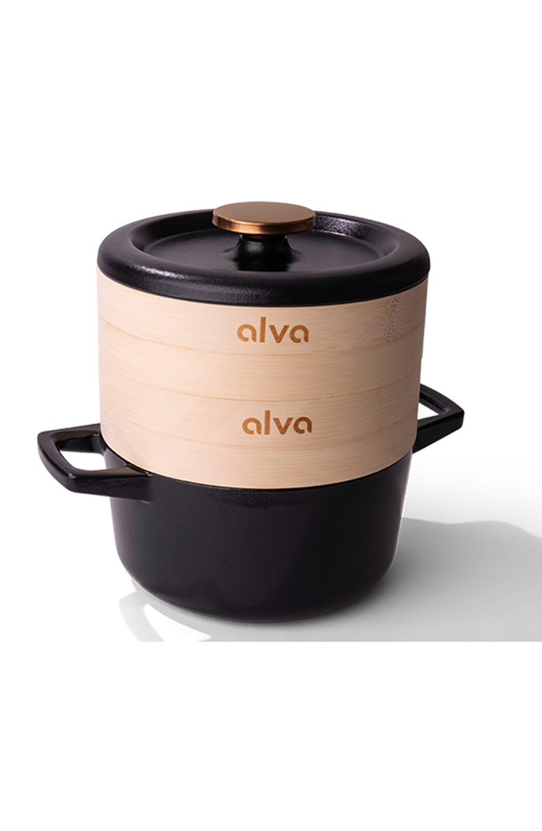 Alva Nori 2.5 Qt Enameled Cast Iron Cocotte Dutch Oven & Steamer Set, Main, color, Black
