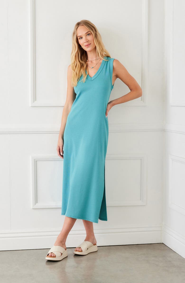 Karen Kane Sleeveless Rib Midi Dress, Alternate, color, Aqua