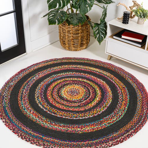 Jonathan Y Abyss Braided Bohemian Coastal Round Jute Black/white Round Area Rug In Red/multi