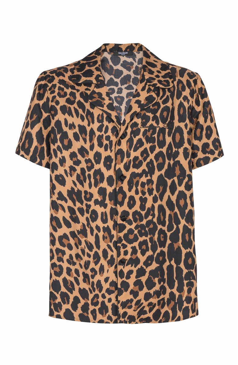 Balmain Leopard Print Silk Pyjama Shirt, Alternate, color, Brown