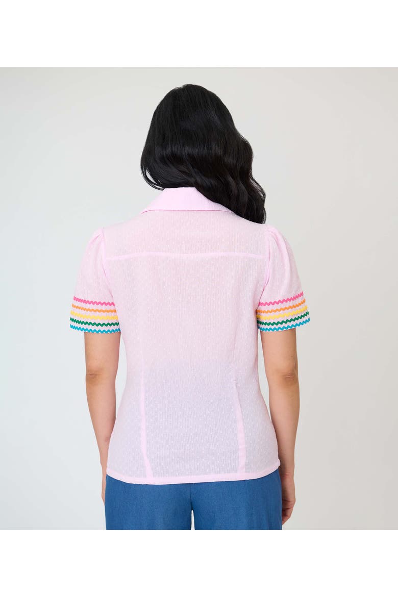 1940s Short Sleeve Collared Button Down Woven Blouse, Alternate, color, Pink w/ Rainbow Print