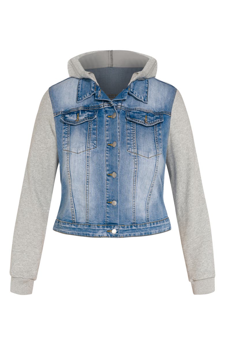 City Chic Denim & Fleece Hooded Crop Jacket, Alternate, color, Light Wash