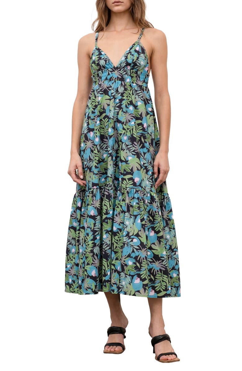 MOON RIVER Floral Back Cutout Midi Dress, Main, color,