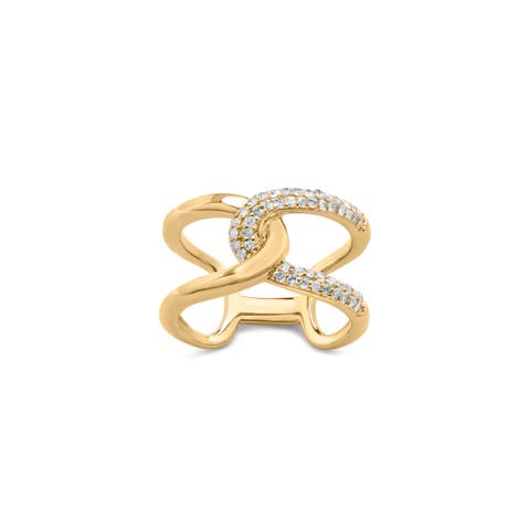 18K Yellow Gold Plated Sterling Silver 1/4 Ctw Diamond Open Crossover Band Ring