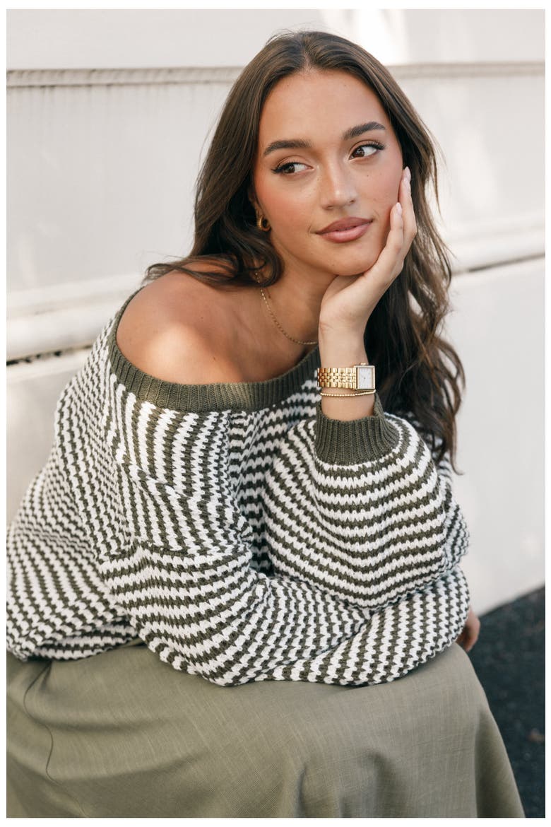 Becca Stripe One-Shoulder Sweater, Alternate, color, OLIVE