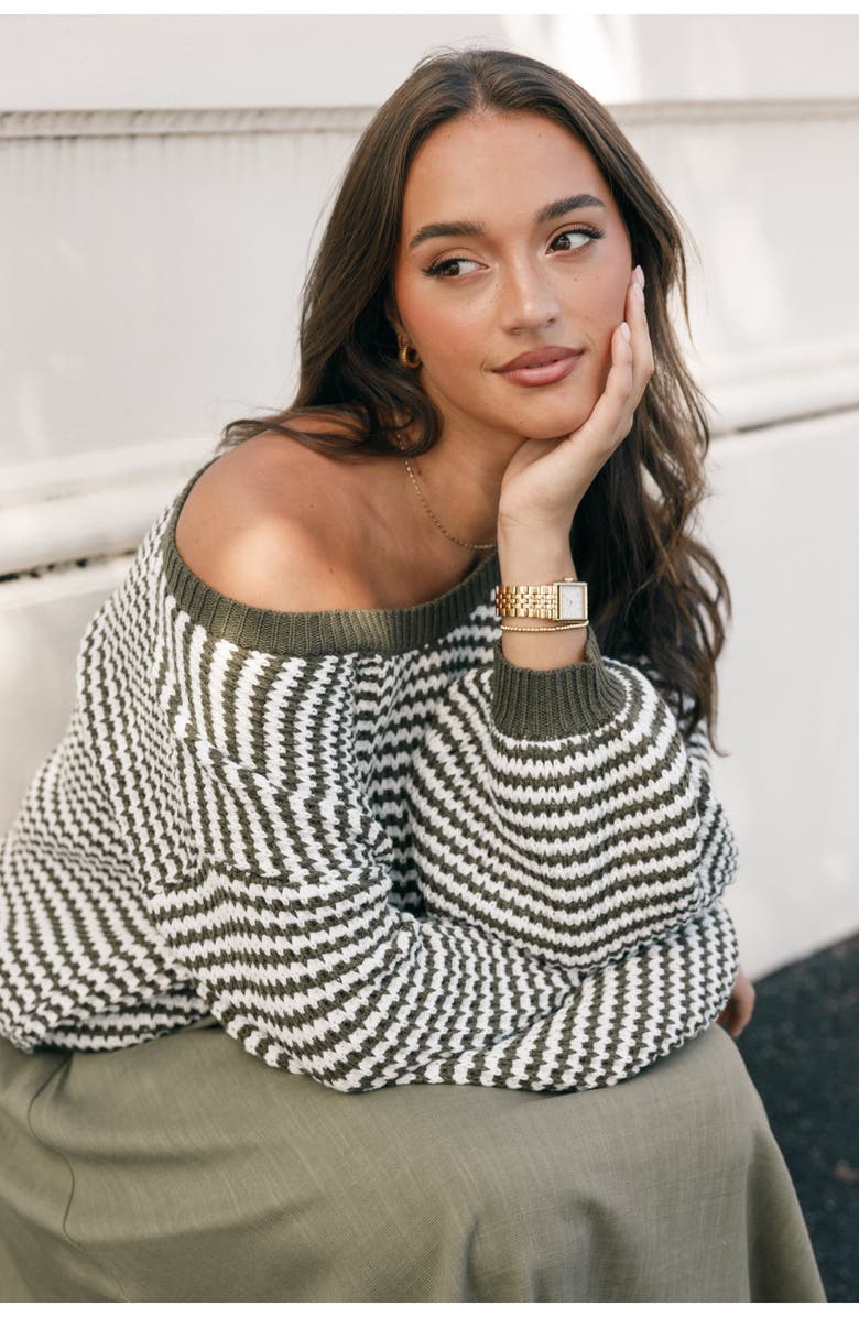 Petal & Pup Becca Stripe One-Shoulder Sweater, Alternate, color, Olive