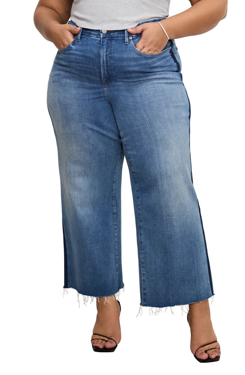 Good American Good Waist Side Stripe Frayed Crop Palazzo Jeans, Alternate, color, Indigo857