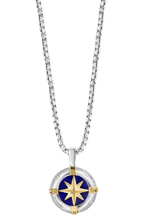 925 Sterling Silver Celestial Compass White Topaz & Lapis Pendant
