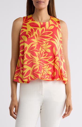 Renee C Print Bubble Hem Satin Top In Red