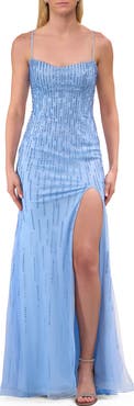 La Femme Long Jeweled Pastel Prom Gown with Lace Up Back