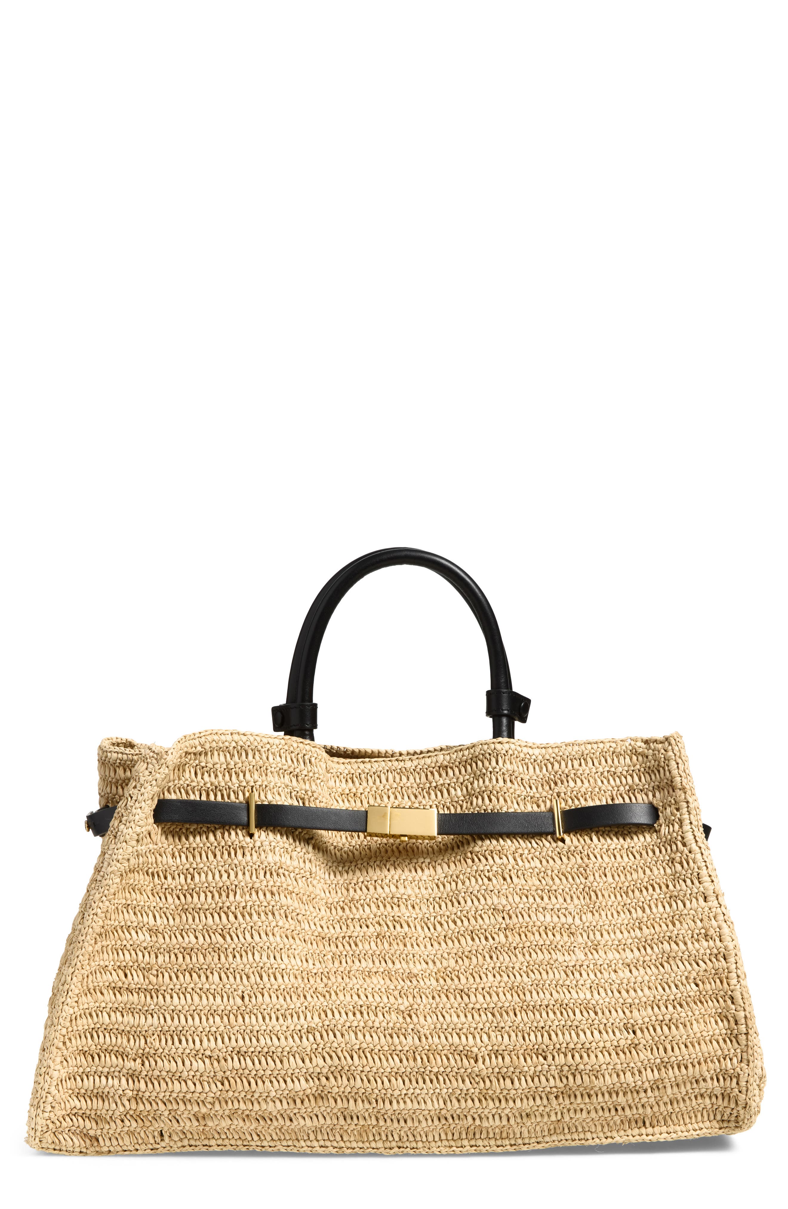 The Hudson Woven Raffia & Leather Top Handle Bag, Main, color, NATURAL/ BLACK