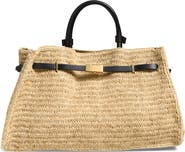 DeMellier The Hudson Woven Raffia & Leather Top Handle Bag
