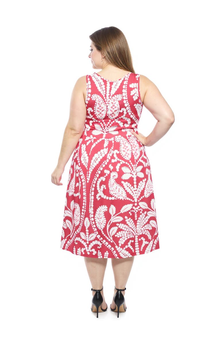 24seven Comfort Apparel Plus Size Paisley V-Neck Sleeveless Pleated Pocket Midi Fit N Flare Dress, Alternate, color, Red Multi
