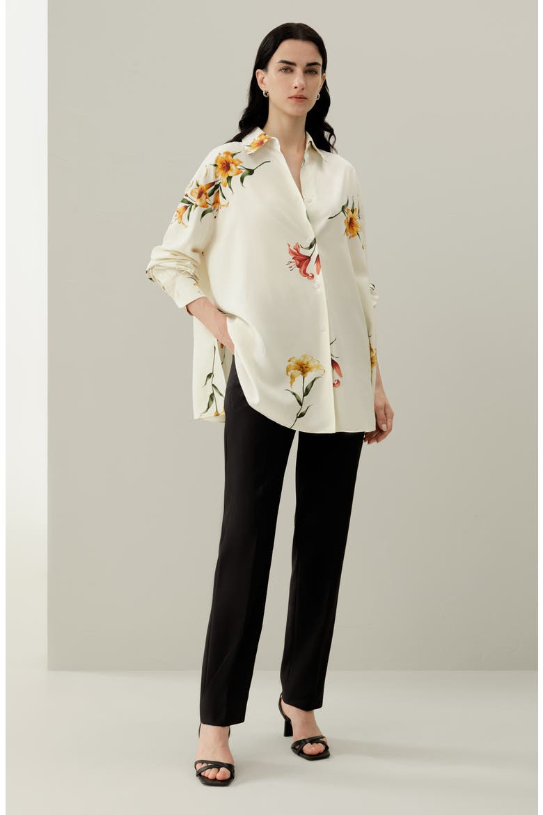 Women's Lily Print Silk Oversize Shirt, Alternate, color, Lily White