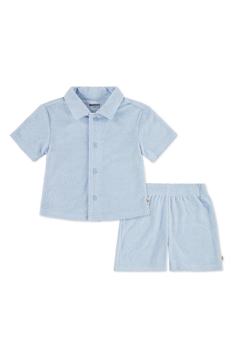 Huggies Checkered Terry Short Sleeve Button-Up Shirt & Shorts, Main, color, Huggies Skyway
