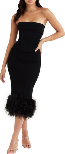 HOUSE OF CB Fionula Strapless Feather Hem Midi Dress | Nordstrom