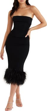 HOUSE OF CB Fionula Strapless Feather Hem Midi Dress