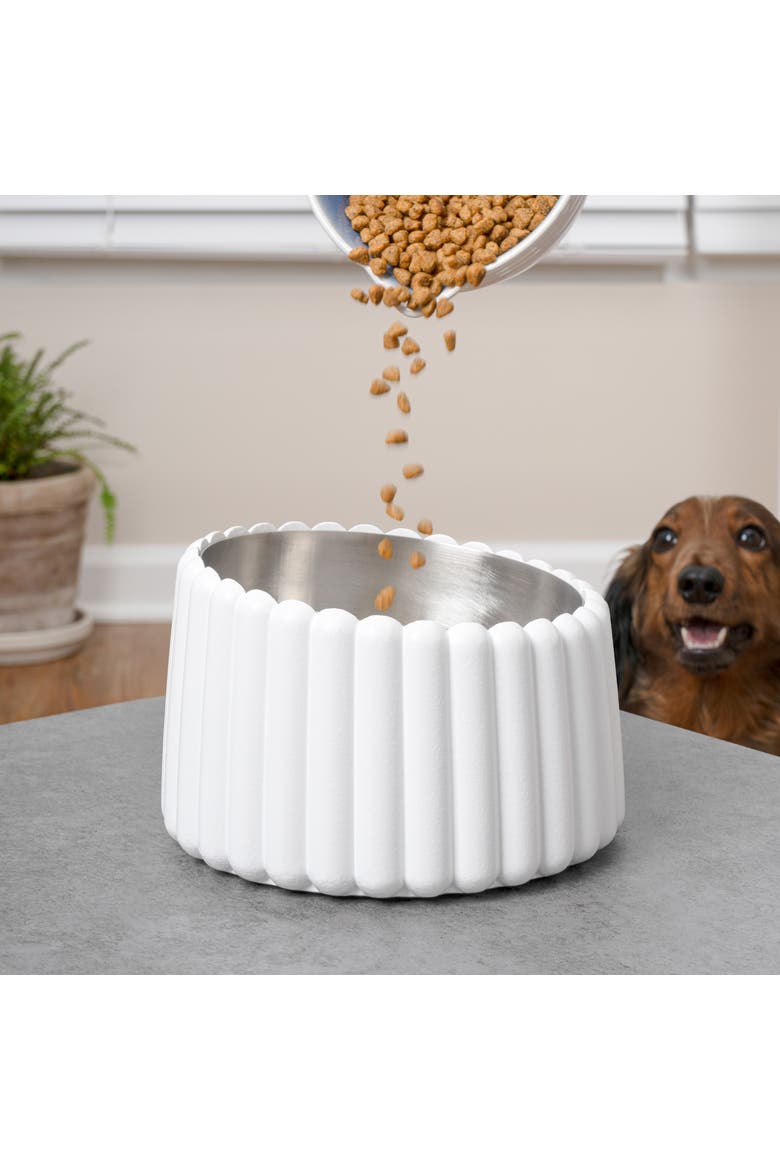 Ripple Ridge Slanted Concrete and Stainless Steel Bowl Pet Feeder, Alternate, color, White