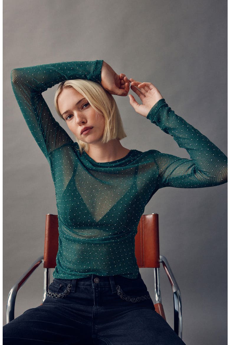 Ruched Mesh Sparkle Top, Alternate, color, GREEN