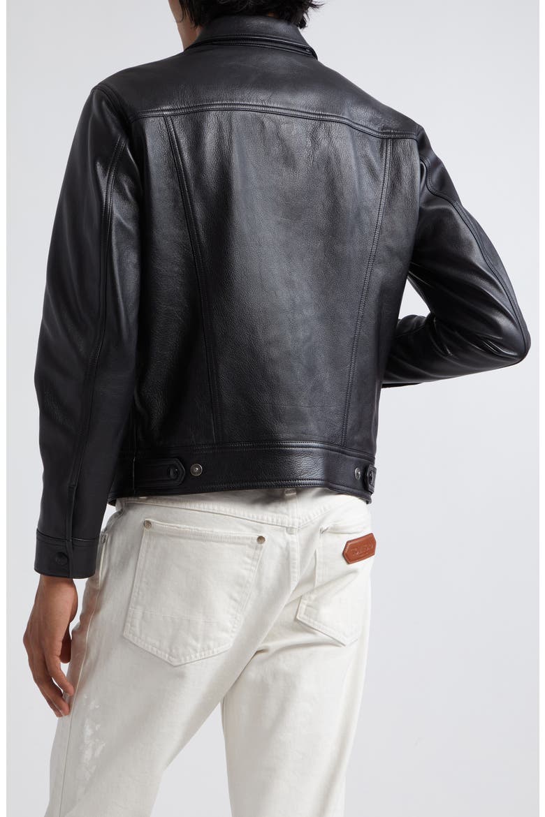 Grained Goatskin Leather Trucker Jacket, Alternate, color, BLACK