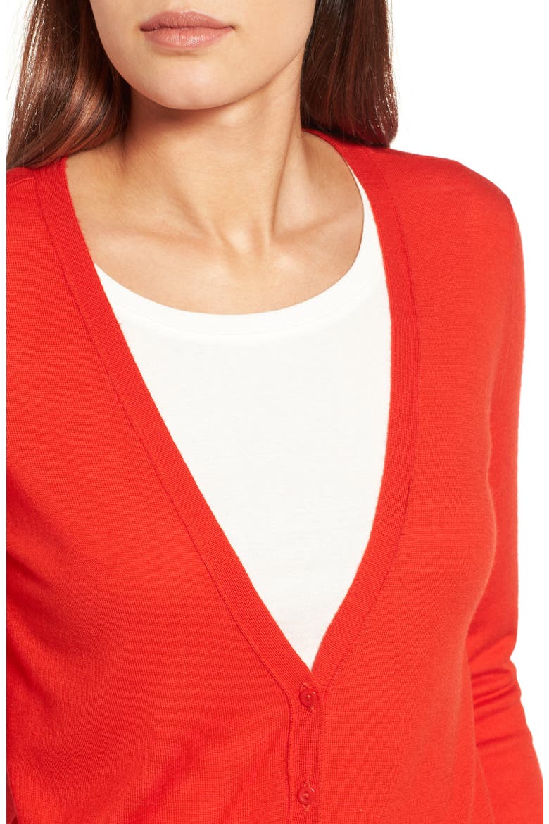 V-Neck Merino Wool Cardigan, Alternate, color, RED FIERY