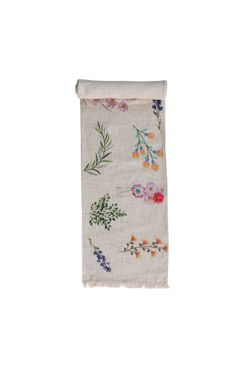 Long Slub Printed Rectangle Table Runner with Flowers, Embroidery and Fringe, Multicolor, Alternate, color, White
