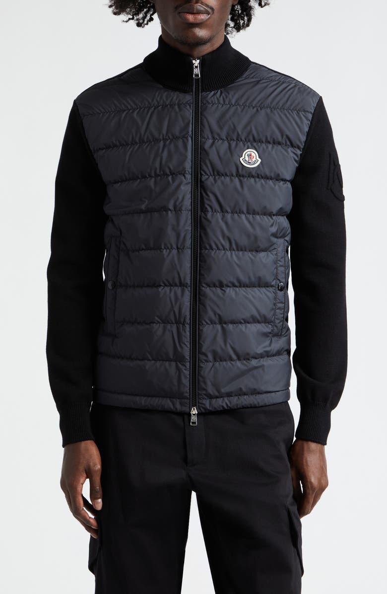 Moncler Quilted Down & Knit Cardigan, Main, color, 