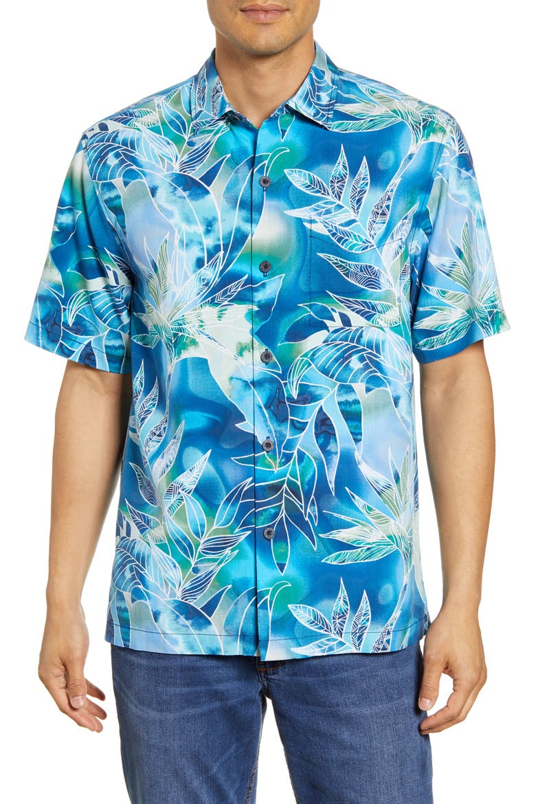 Azul Lagoon Classic Fit Short Sleeve Silk Button-Up Shirt, Main, color, POOL PARTY BLUE
