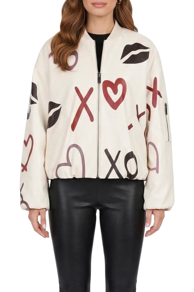 Genuine Nappa Leather Bomber Zip Jacket, Main, color, WHITE/XO MULTI
