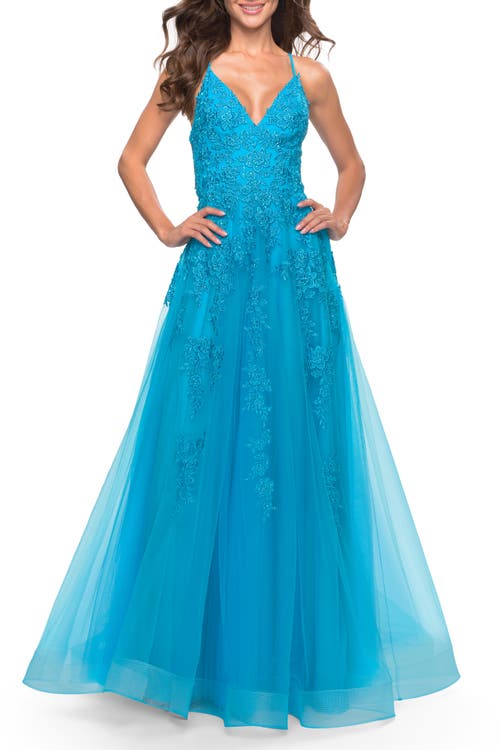 La Femme Tulle Prom Dress With Floral Detail And Side Slit In Aqua