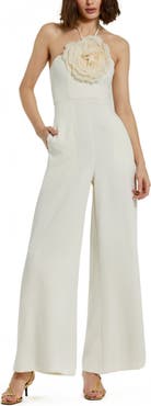 Mac Duggal Crepe Halter Neck Flower Detail Jumpsuit