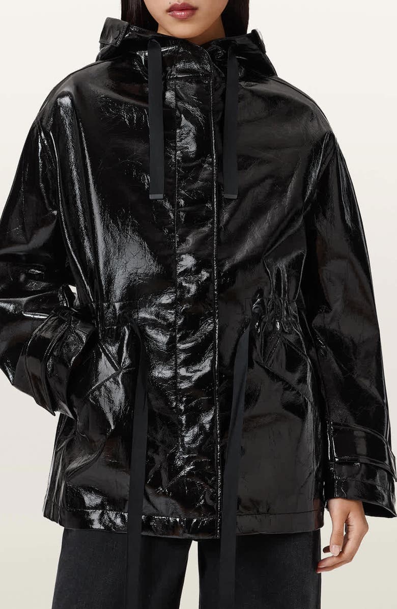 AllSaints Kelsie Shine Hooded Faux Leather Jacket, Main, color, Black