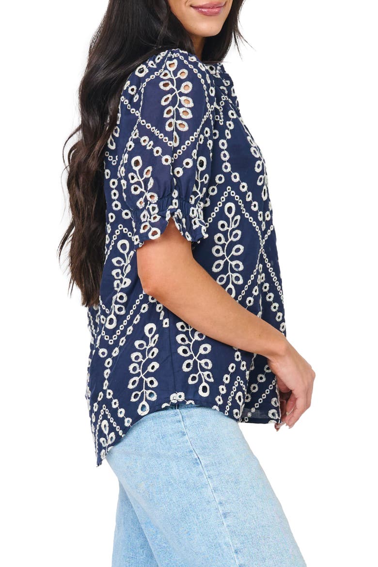 Dianthus Puff Sleeve Cotton Top, Alternate, color, NAVY EYELET