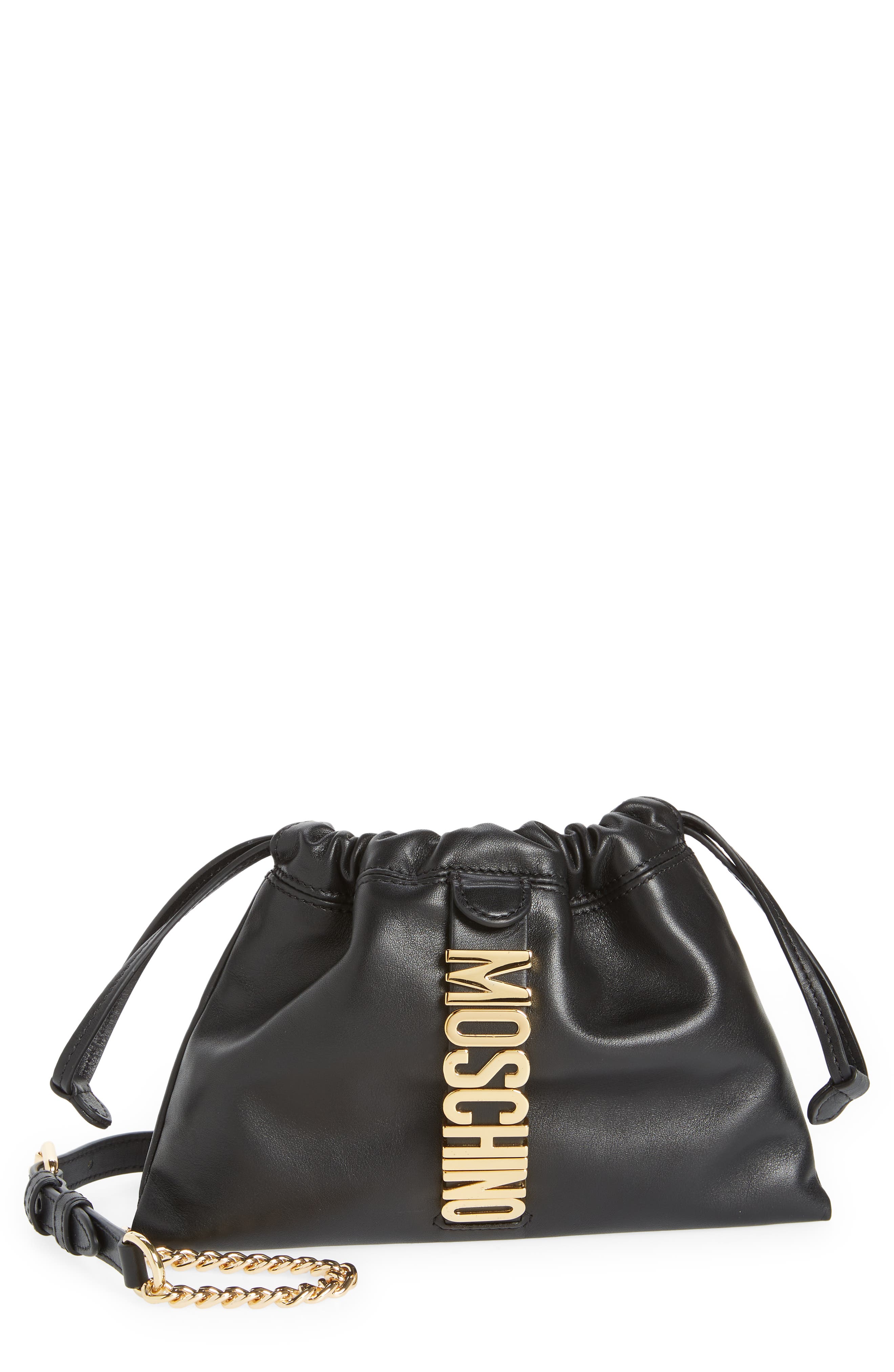 Moschino Logo Leather Drawstring Crossbody Bag, Main, color, 