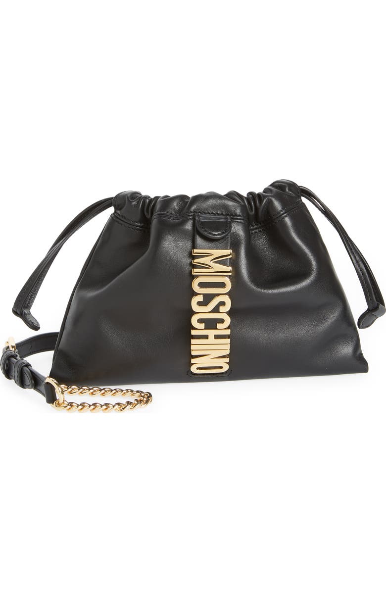 Moschino Logo Leather Drawstring Crossbody Bag, Main, color,