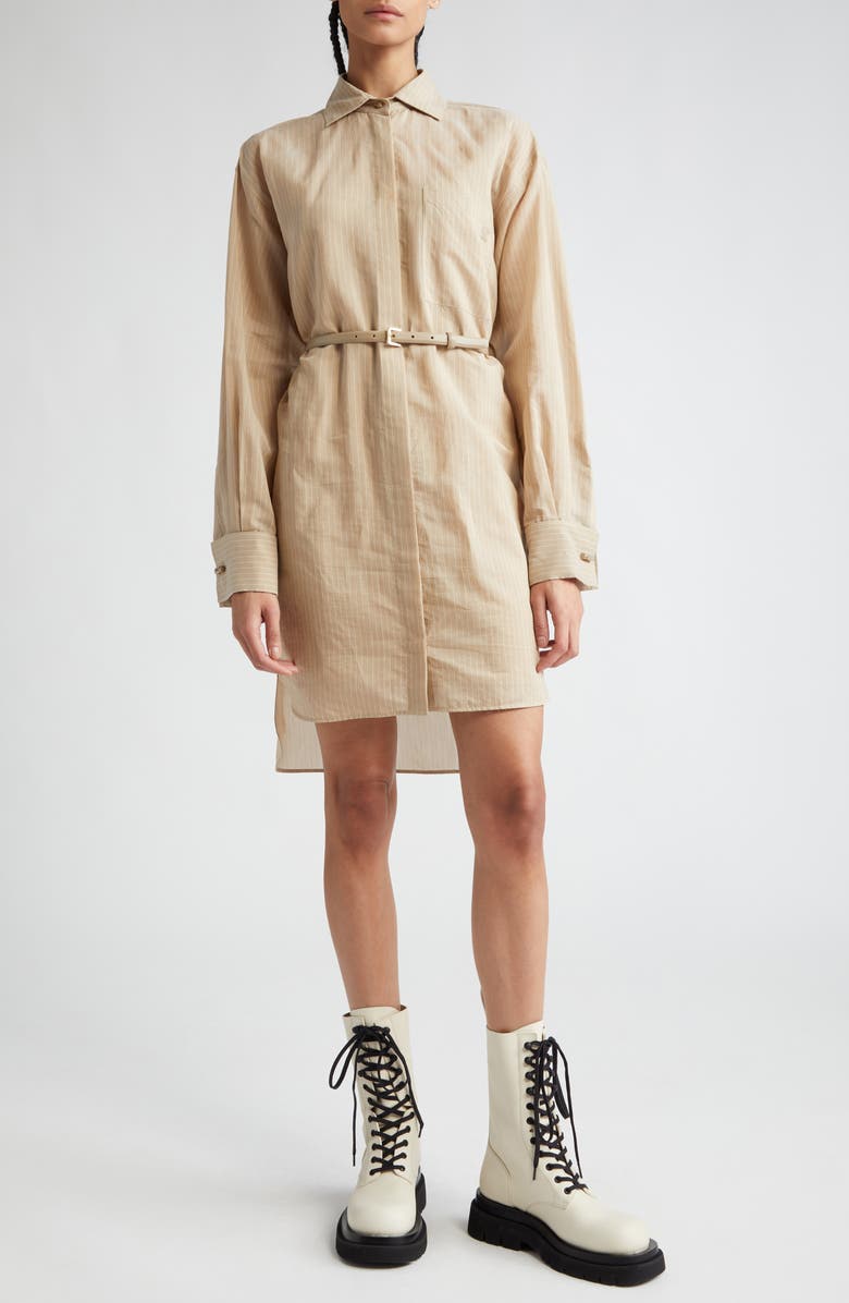 Max Mara Brioso Pinstripe Cotton & Silk Shirtdress, Main, color, Beige