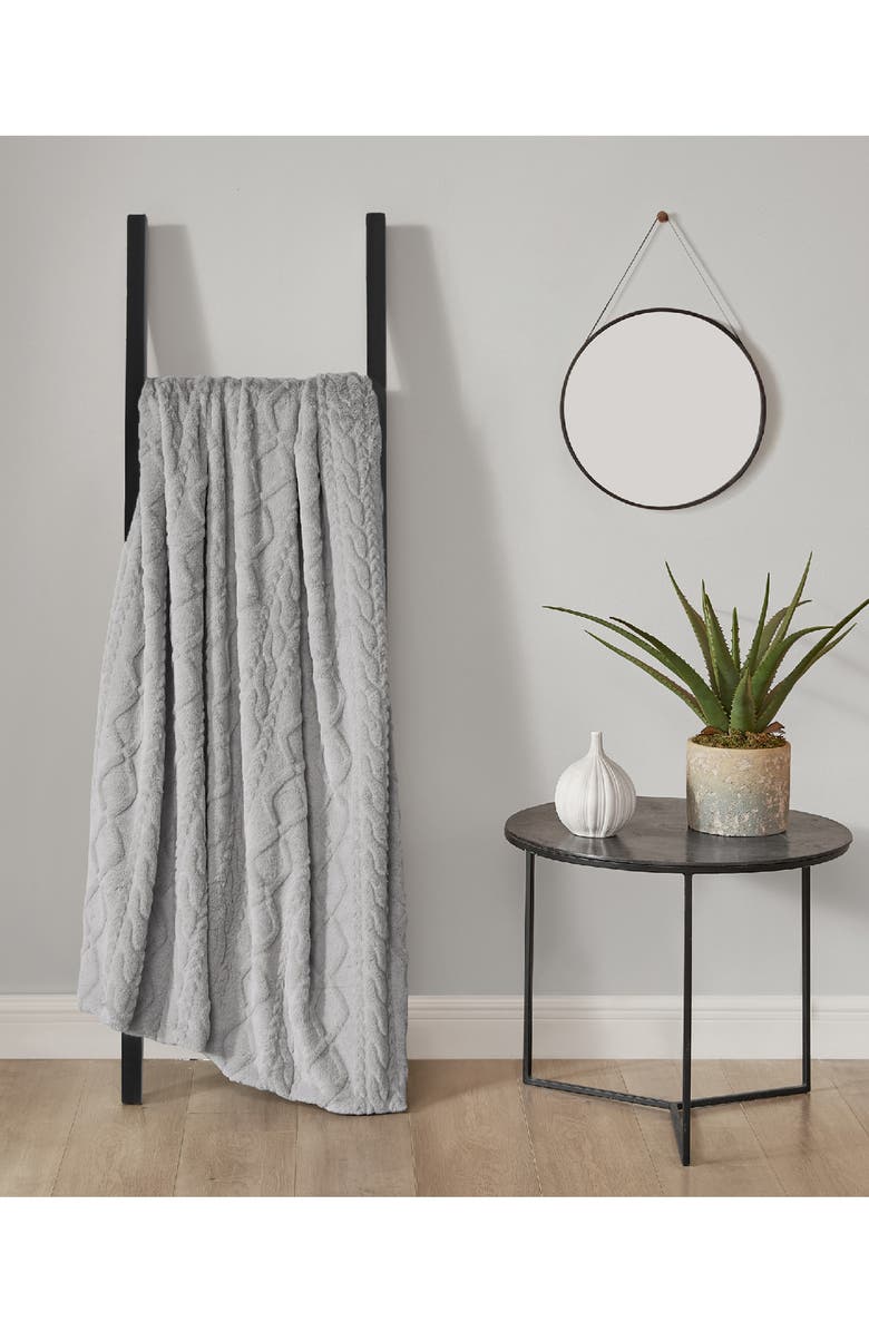 Lucky Brand Cable Knit Faux Fur Throw, Alternate, color, Gray