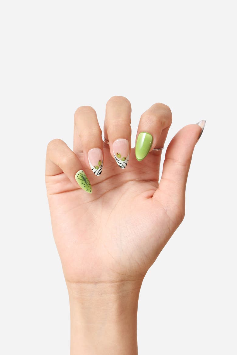Zebratini Short Almond Press On Nails, Alternate, color, Green