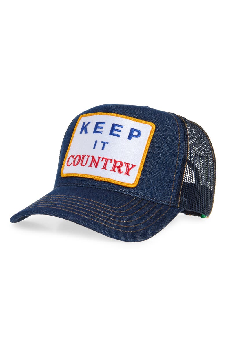 Friday Feelin’ Keep it Country Patch Trucker Hat, Main, color, Denim