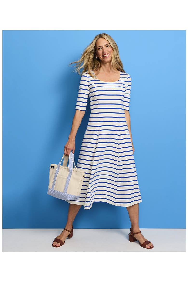 Starfish Elbow Sleeve Midi Fit and Flare Dress, Alternate, color, Ivory/Lapis Spaced Stripe