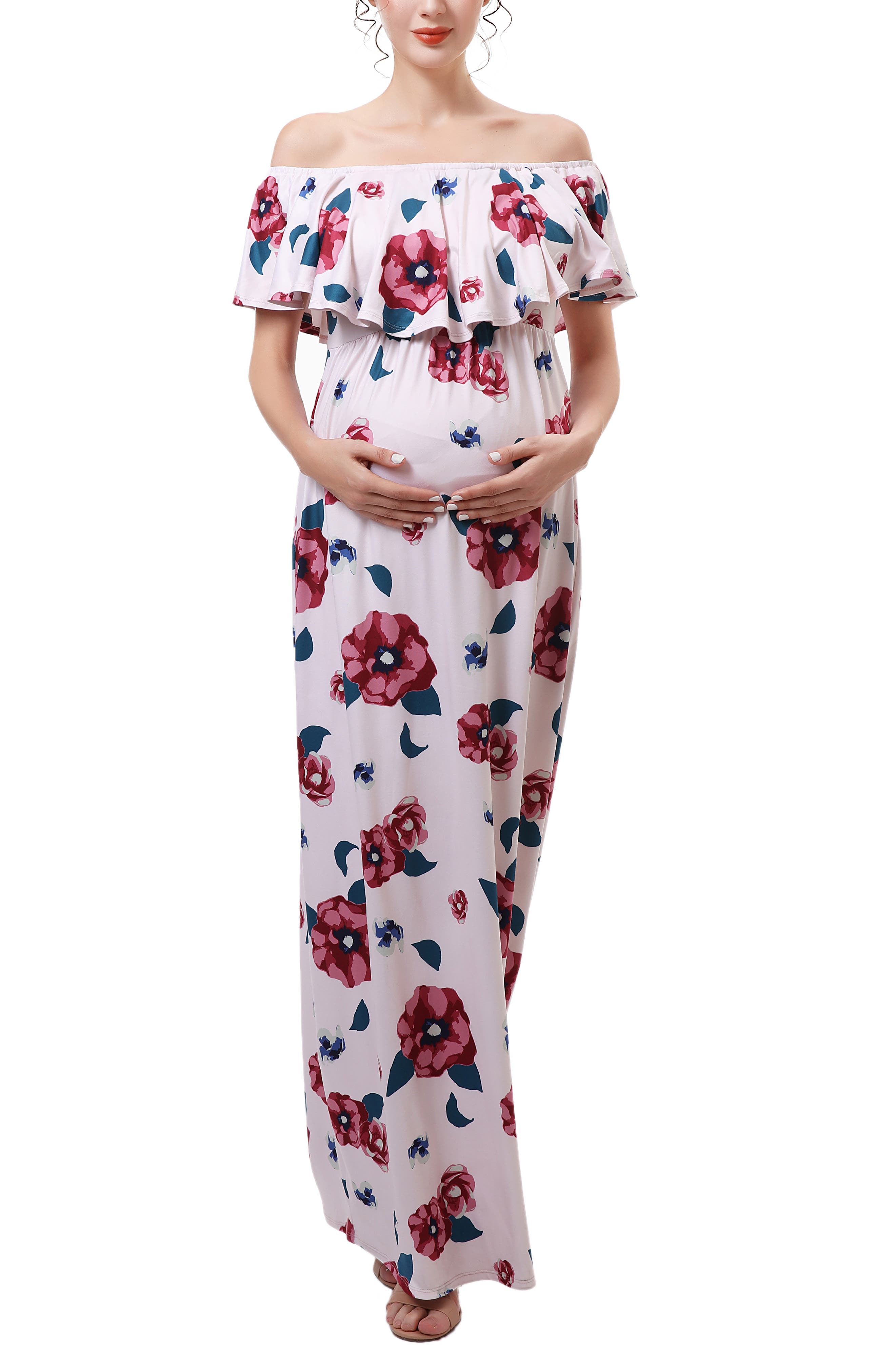 Kimi and Kai Lydia Off the Shoulder Maternity/Nursing Maxi Dress in Pink 
