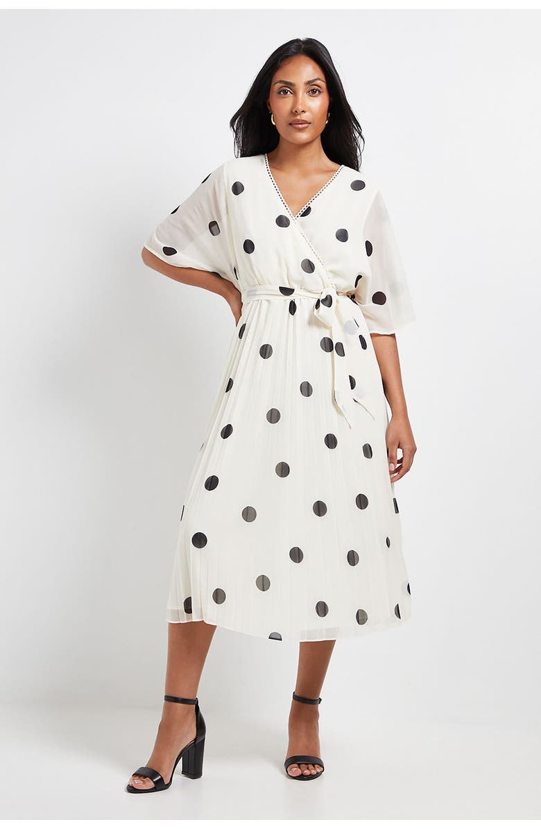 Wallis Petite Spot Pleated Midi Dress, Main, color, Ivory