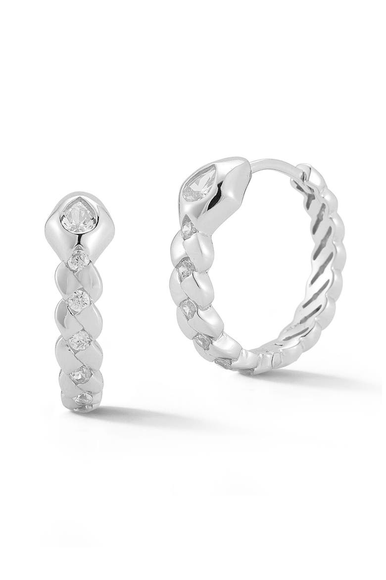 Cubic Zirconia Snake Huggie Hoop Earrings, Main, color, SILVER
