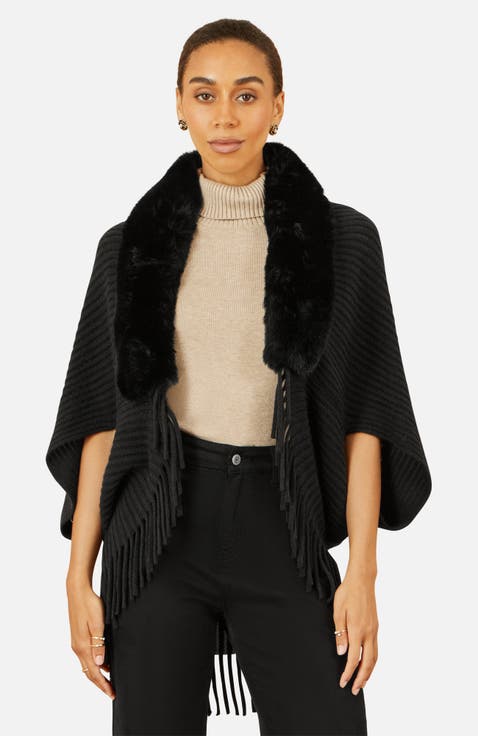 Fur Collar Shrug With Tassel Hem