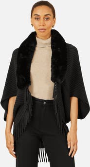 Yumi Faux Fur Collar Tassel Hem Shrug
