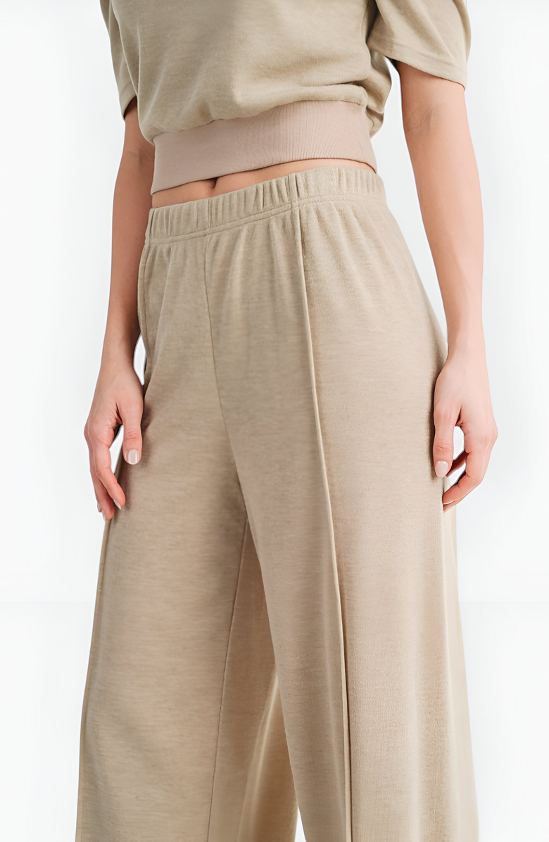 Modenaire Stretch Waistband Puff Sleeve Knit Top and Wide Leg Pants Set, Alternate, color, Beige